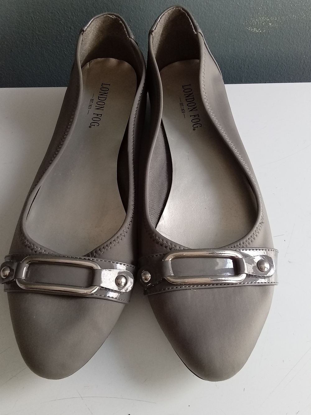 London Fog Taupe Flats with Silver Hardware